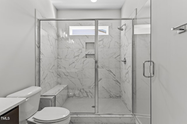 608 Marshskip Way, Rolesville, NC 27587 - bathroom with toilet, vanity, marble finish floors, and a stall shower