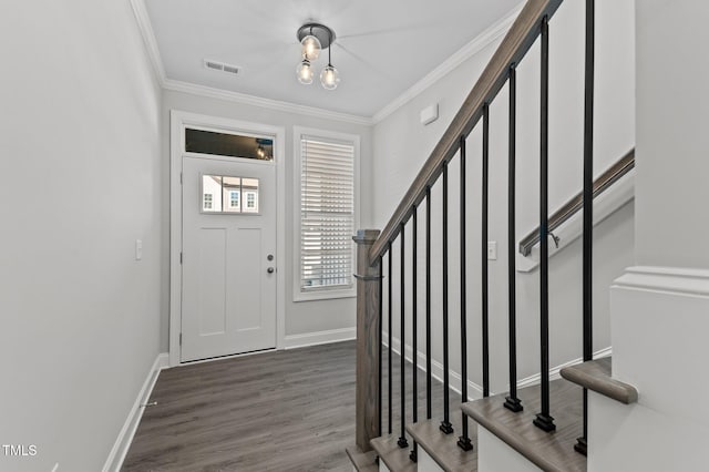 608 Marshskip Way, Rolesville, NC 27587 - entrance foyer with stairway, crown molding, wood finished floors, and baseboards