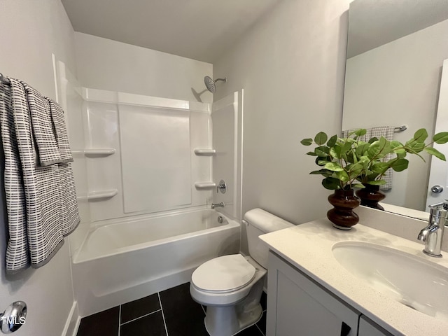full bathroom with toilet, tile patterned flooring,  shower combination, and vanity