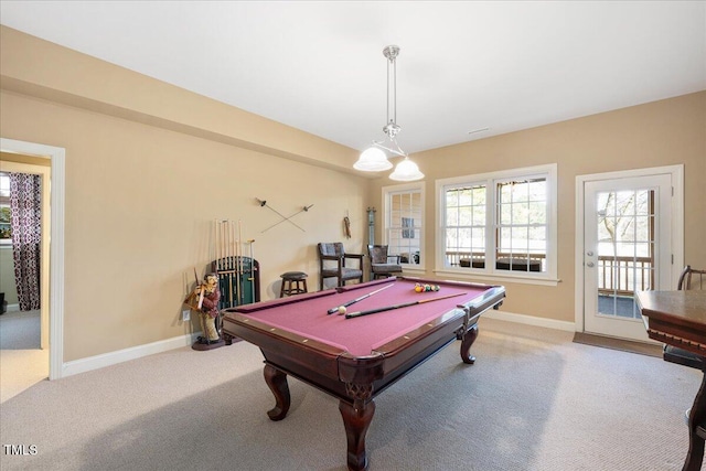 recreation room with carpet flooring and pool table
