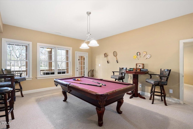 recreation room with carpet floors and billiards