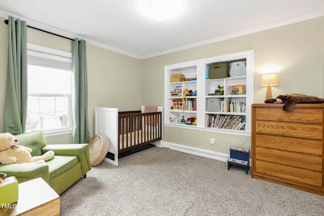 bedroom featuring a baseboard heating unit, a crib, ornamental molding, and carpet flooring