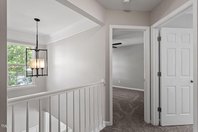 hallway featuring crown molding and carpet flooring