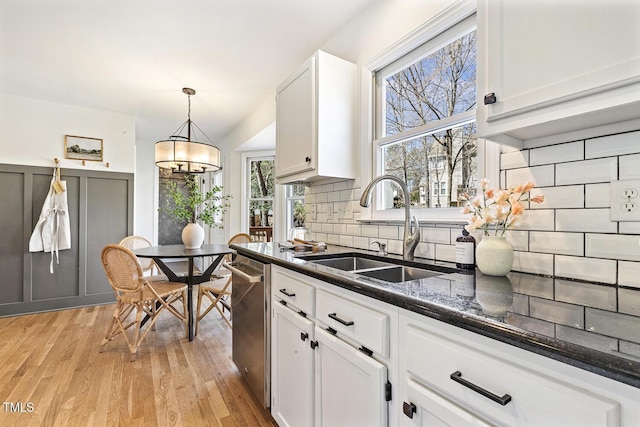 kitchen featuring a sink, backsplash, dishwasher, and white cabinetry