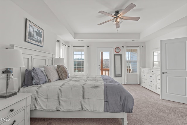 bedroom with multiple windows, a raised ceiling, light carpet, and access to exterior