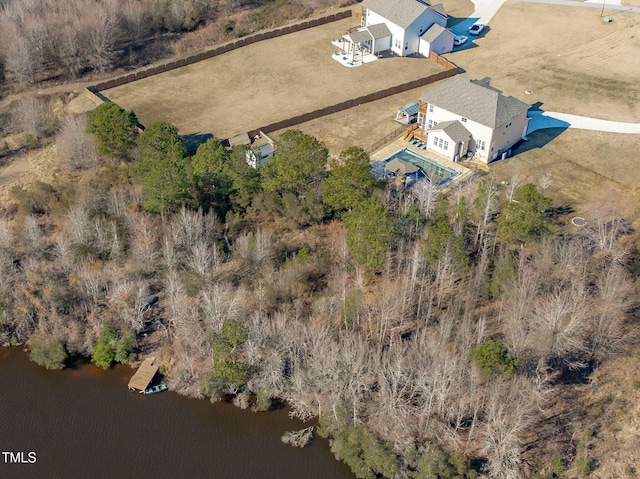 drone / aerial view featuring a water view