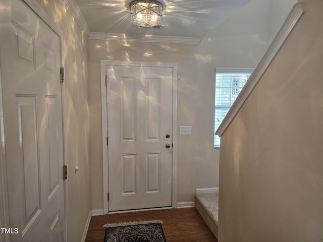 doorway to outside with ornamental molding, dark hardwood / wood-style floors, and a chandelier