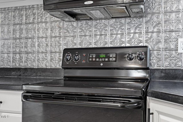 room details with premium range hood and black electric range oven