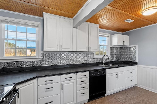 kitchen featuring white cabinetry, wooden ceiling, and black dishwasher