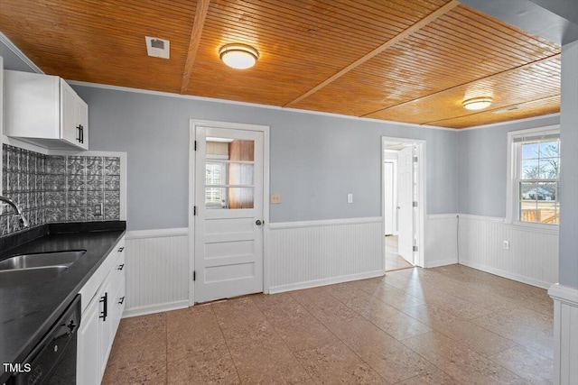 kitchen featuring white cabinetry, sink, and wood ceiling