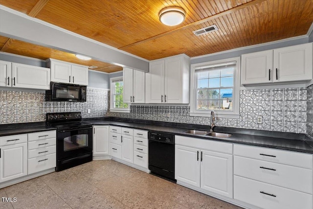 kitchen with sink, wood ceiling, black appliances, and white cabinets