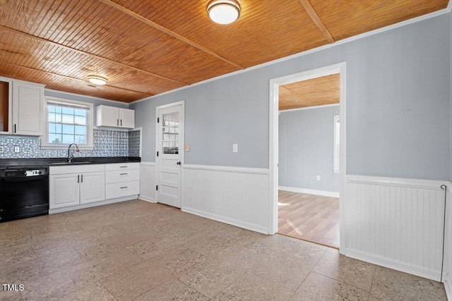 kitchen with white cabinets, wood ceiling, sink, and dishwasher