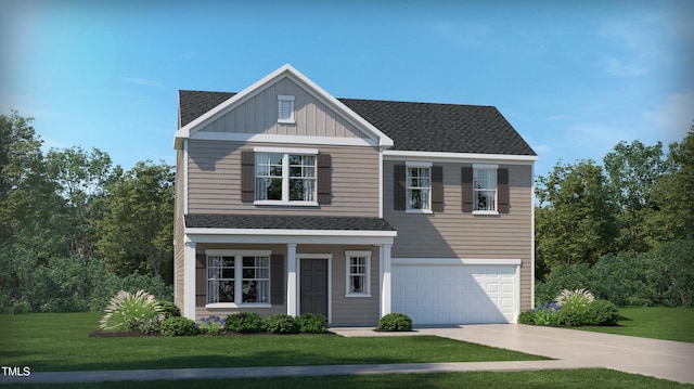 view of front of house with a garage and a front lawn