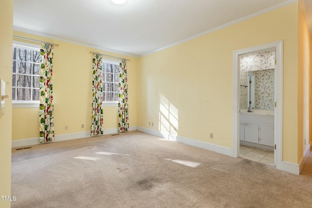 carpeted spare room featuring crown molding