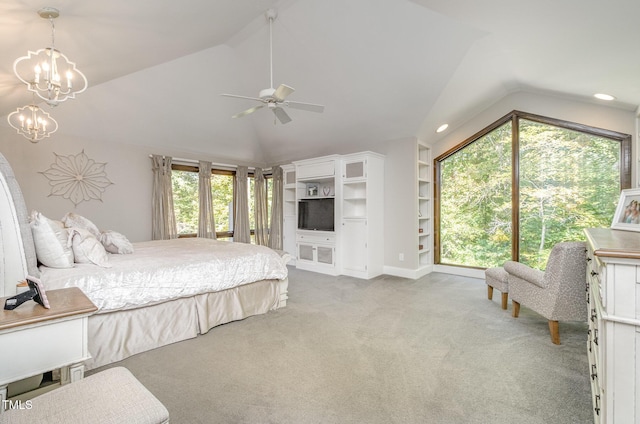 bedroom featuring vaulted ceiling, ceiling fan with notable chandelier, and light colored carpet