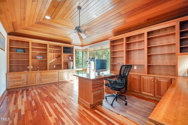 office featuring vaulted ceiling, built in desk, wood ceiling, and light hardwood / wood-style floors