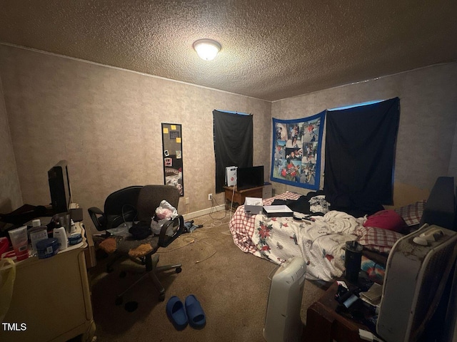 carpeted bedroom with a textured ceiling