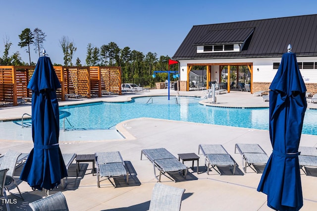 view of swimming pool with a patio