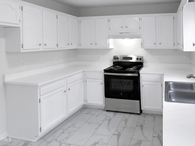 130 Luxon Pl, Cary, NC 27513 - kitchen featuring a sink, white cabinetry, stainless steel range with electric cooktop, under cabinet range hood, and marble finish floor