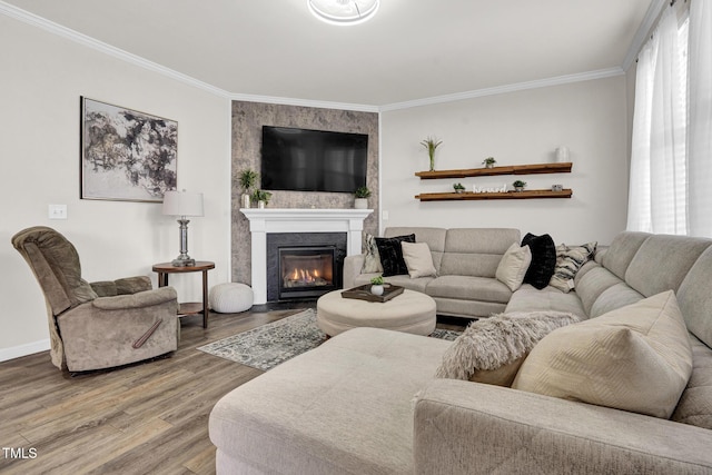 living room featuring wood-type flooring, ornamental molding, and a large fireplace