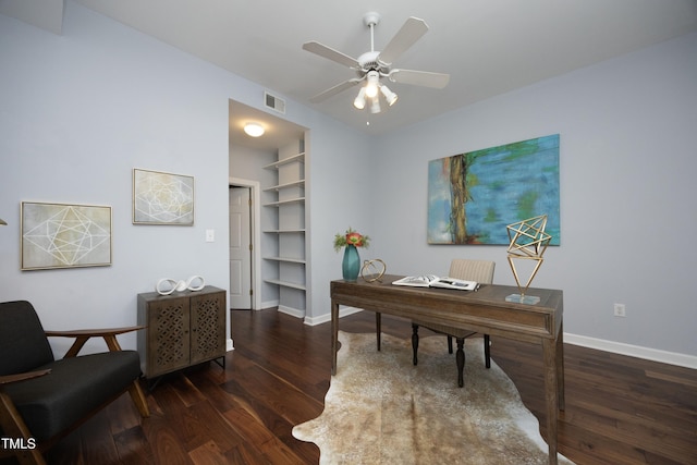 office area featuring ceiling fan, visible vents, baseboards, and dark wood finished floors