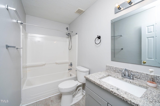 full bathroom with vanity, toilet, shower / bathing tub combination, and a textured ceiling