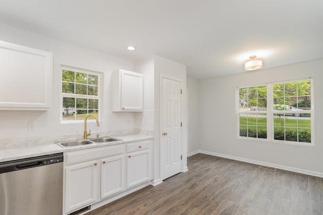 kitchen with sink, hardwood / wood-style flooring, white cabinetry, decorative backsplash, and stainless steel dishwasher