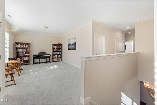 interior space featuring recessed lighting, light colored carpet, visible vents, baseboards, and crown molding