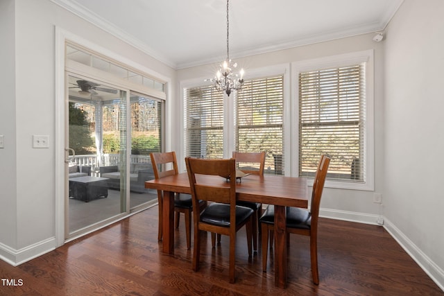 dining area with a healthy amount of sunlight, baseboards, ornamental molding, and dark wood-style flooring