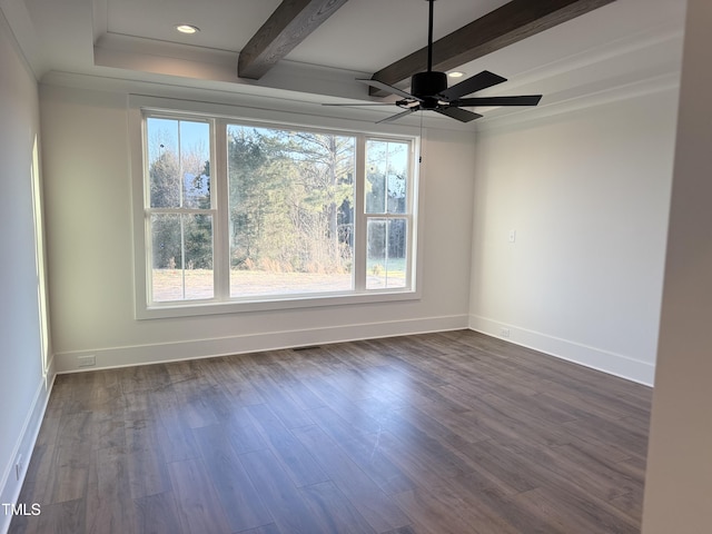 empty room featuring dark wood-style flooring, recessed lighting, visible vents, beamed ceiling, and baseboards