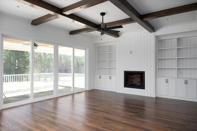 321 Bud Wall Rd, Youngsville, NC 27596 - unfurnished living room featuring built in features, coffered ceiling, dark wood-style floors, and a ceiling fan
