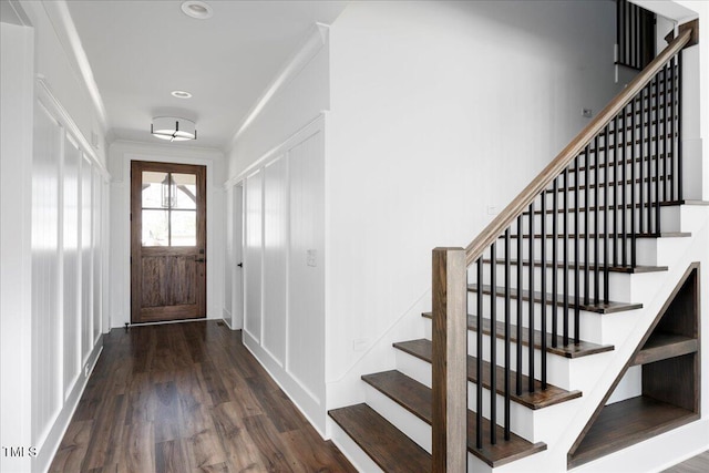 321 Bud Wall Rd, Youngsville, NC 27596 - foyer entrance featuring crown molding, baseboards, stairs, recessed lighting, and wood finished floors