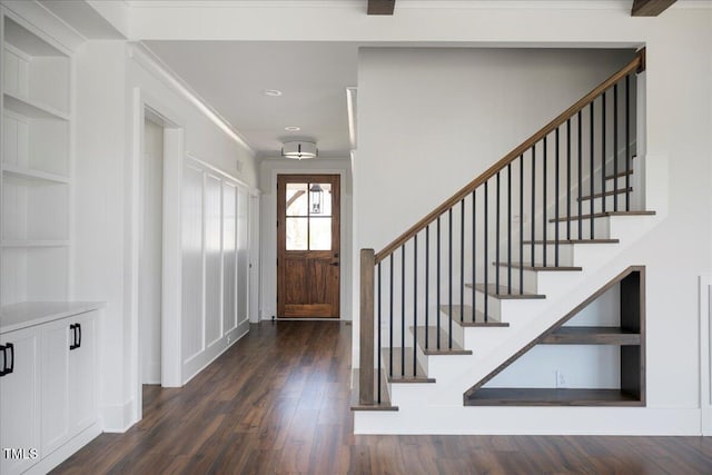 321 Bud Wall Rd, Youngsville, NC 27596 - foyer entrance with recessed lighting, dark wood-type flooring, and stairs