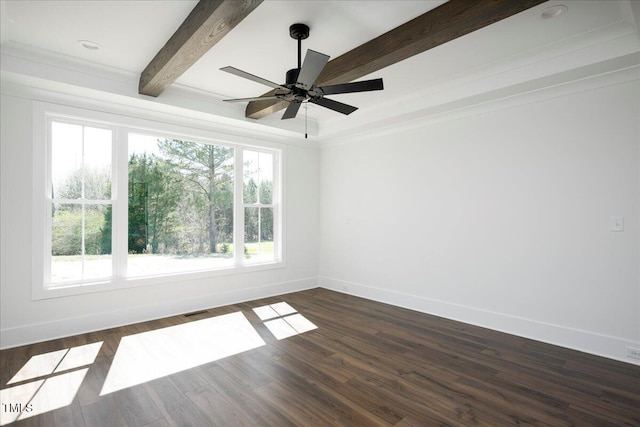 321 Bud Wall Rd, Youngsville, NC 27596 - unfurnished room with dark wood finished floors, beam ceiling, visible vents, and baseboards