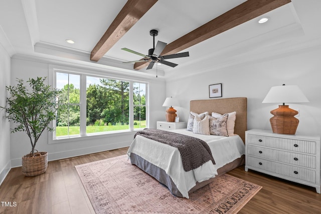321 Bud Wall Rd, Youngsville, NC 27596 - bedroom featuring beam ceiling, dark wood-type flooring, recessed lighting, baseboards, and ceiling fan