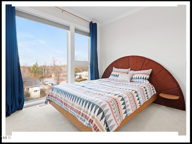 bedroom featuring ornamental molding and carpet floors