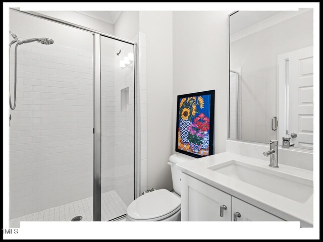 bathroom with vanity, an enclosed shower, and toilet