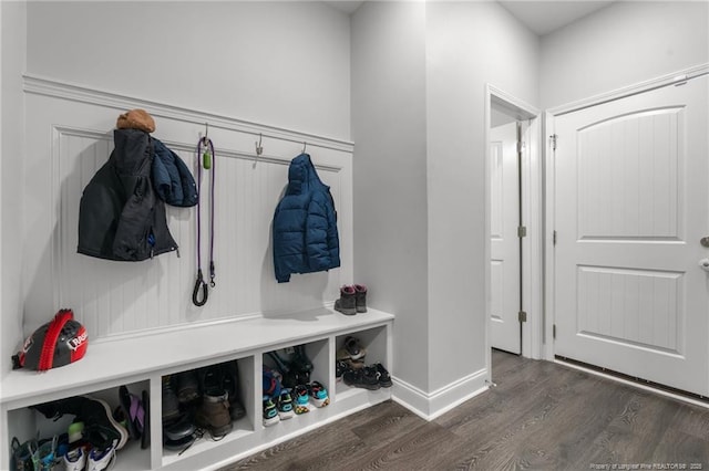 mudroom featuring dark wood-type flooring