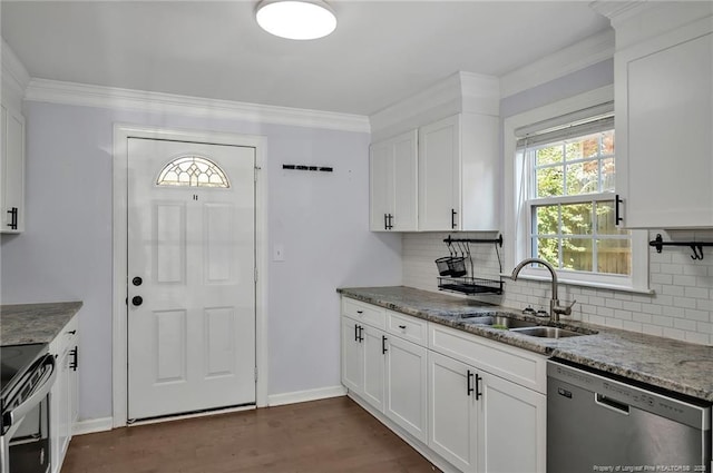 kitchen featuring sink, electric range, white cabinets, stone countertops, and stainless steel dishwasher