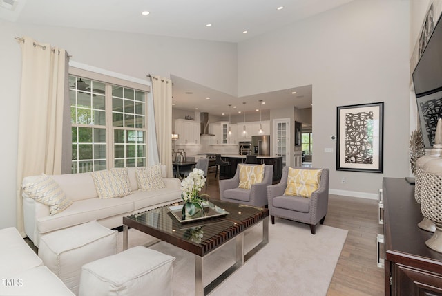 living room featuring light hardwood / wood-style flooring, high vaulted ceiling, and a healthy amount of sunlight