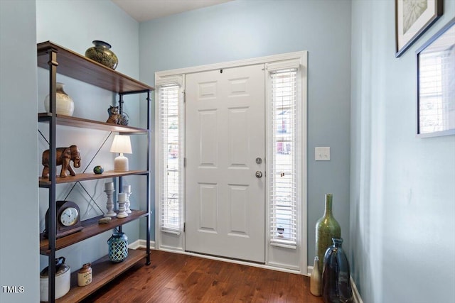 foyer with dark wood-type flooring, plenty of natural light, and baseboards