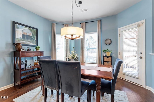 dining room featuring dark wood-style floors, baseboards, visible vents, and a healthy amount of sunlight