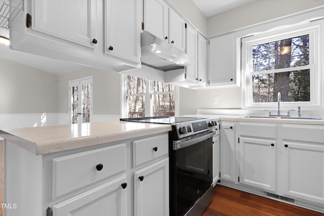 kitchen featuring white cabinetry, plenty of natural light, sink, and electric stove