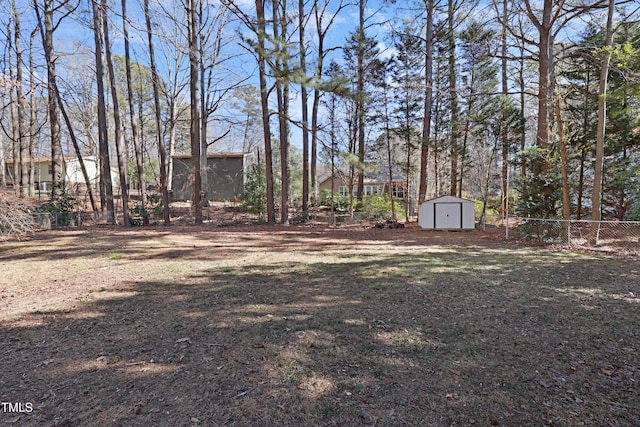 view of yard featuring a storage unit