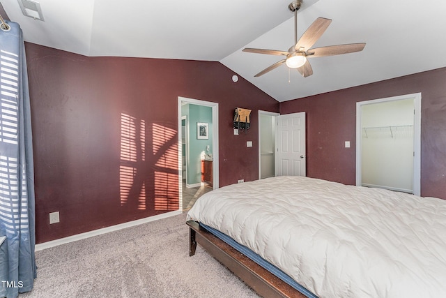 bedroom featuring ceiling fan, carpet flooring, and vaulted ceiling