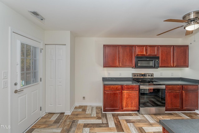 kitchen with ceiling fan, parquet flooring, and stainless steel electric stove