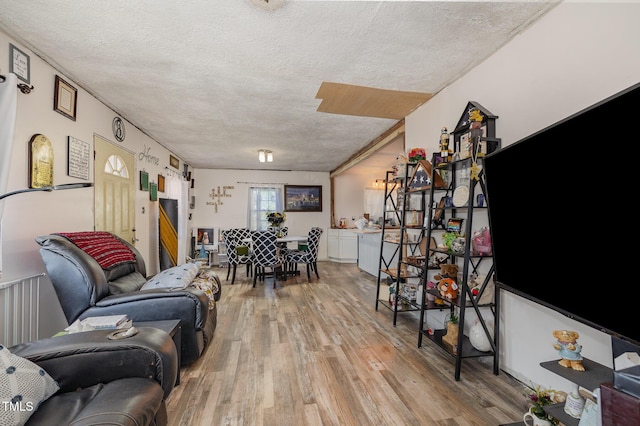 living room with light hardwood / wood-style floors and a textured ceiling