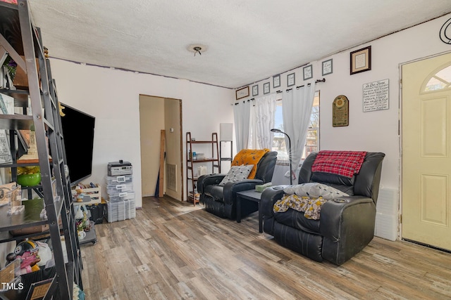 living room with wood-type flooring and a textured ceiling