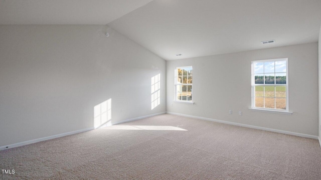 empty room featuring lofted ceiling, plenty of natural light, and light carpet