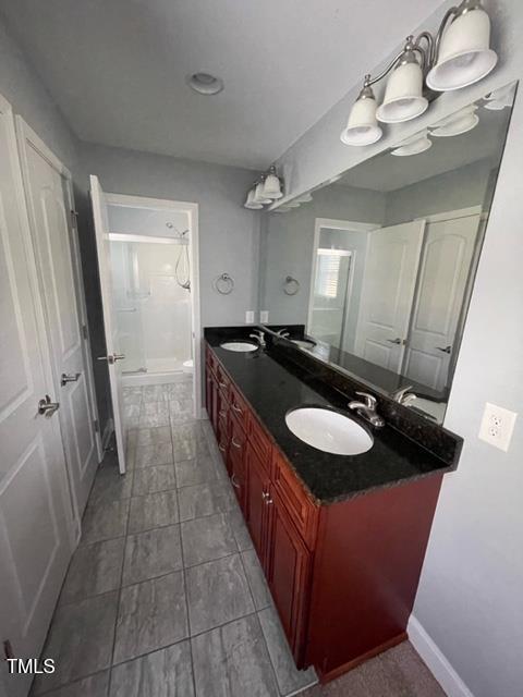 bathroom featuring a shower and vanity